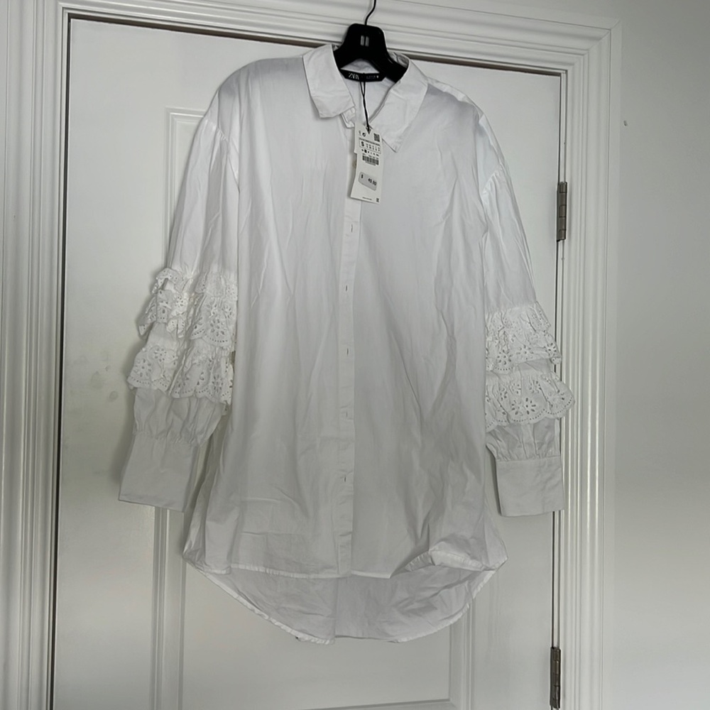 ZARA WHITE SHIRT TUNIC WITH EMBELLISHED SLEEVES